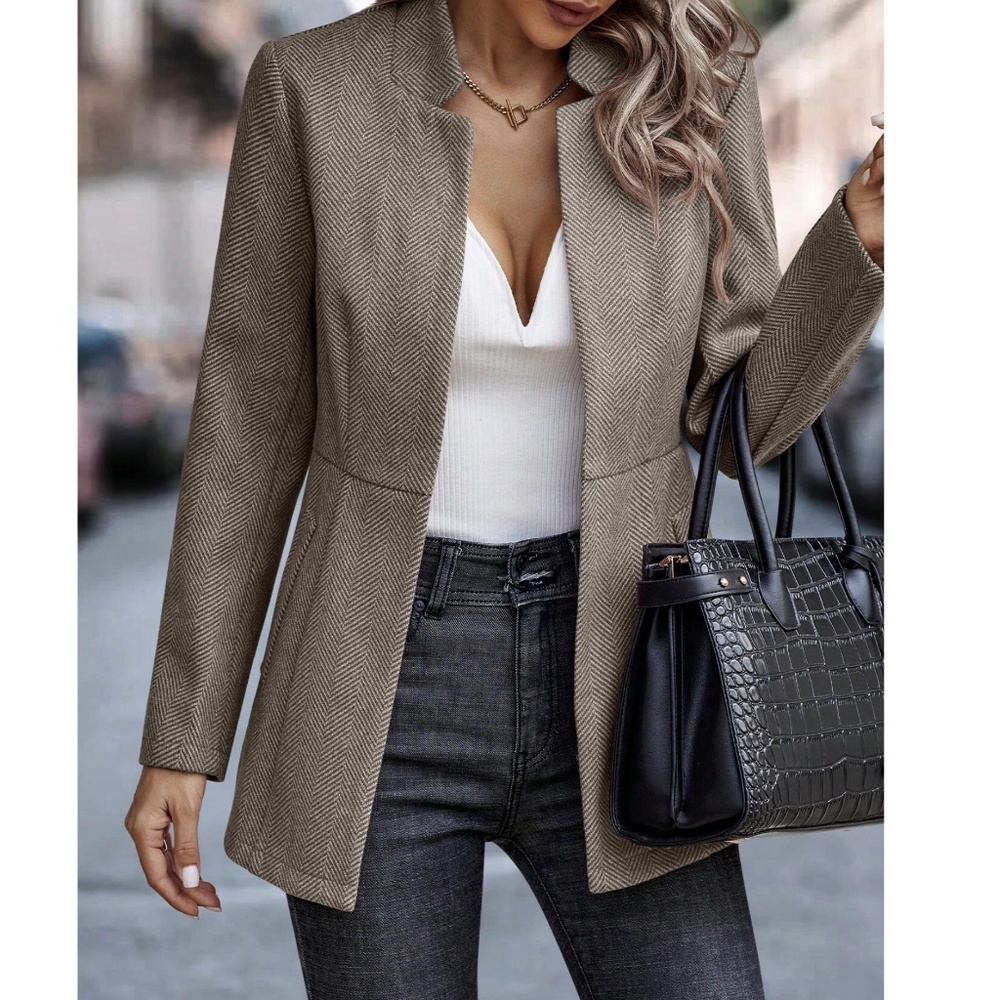 Classic Brown Herringbone Blazer Jacket Coat - Picture 3 of 5